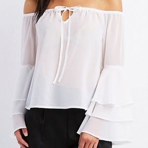 Sheer White Off The Shoulder Bell Sleeve Blouse